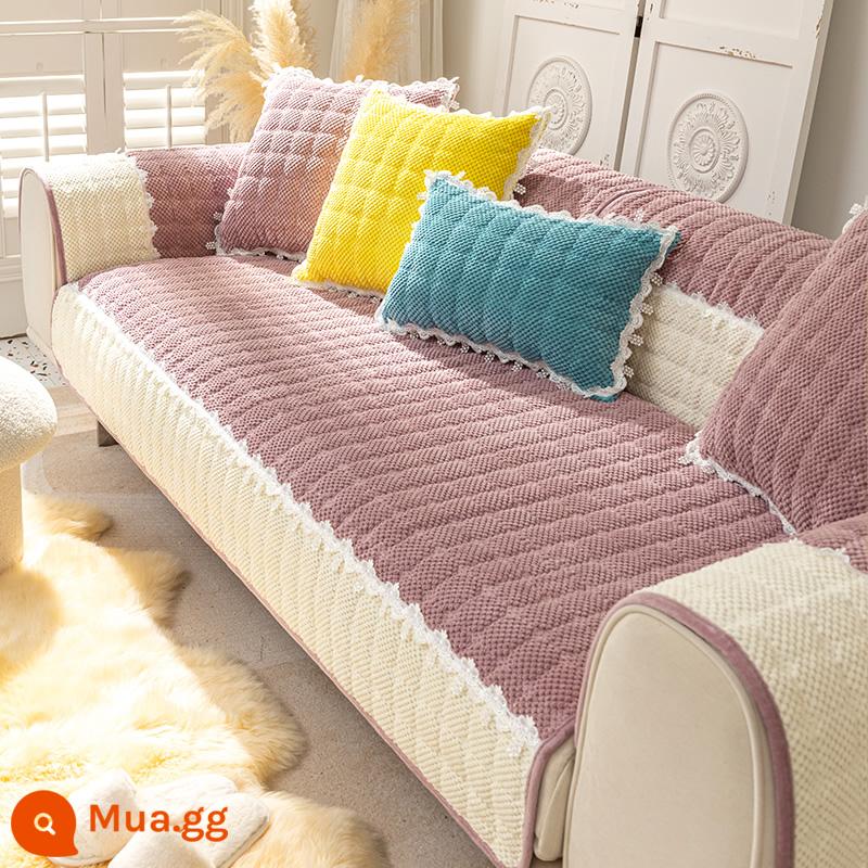 Sofa Vải Đệm Bốn Mùa Đa Năng Chống Trơn Trượt Bắc Âu Đơn Giản Dày Đệm Mùa Đông Sang Trọng Vỏ Bảo Vệ Khăn - Lời ngọt ngào - Tím đỏ