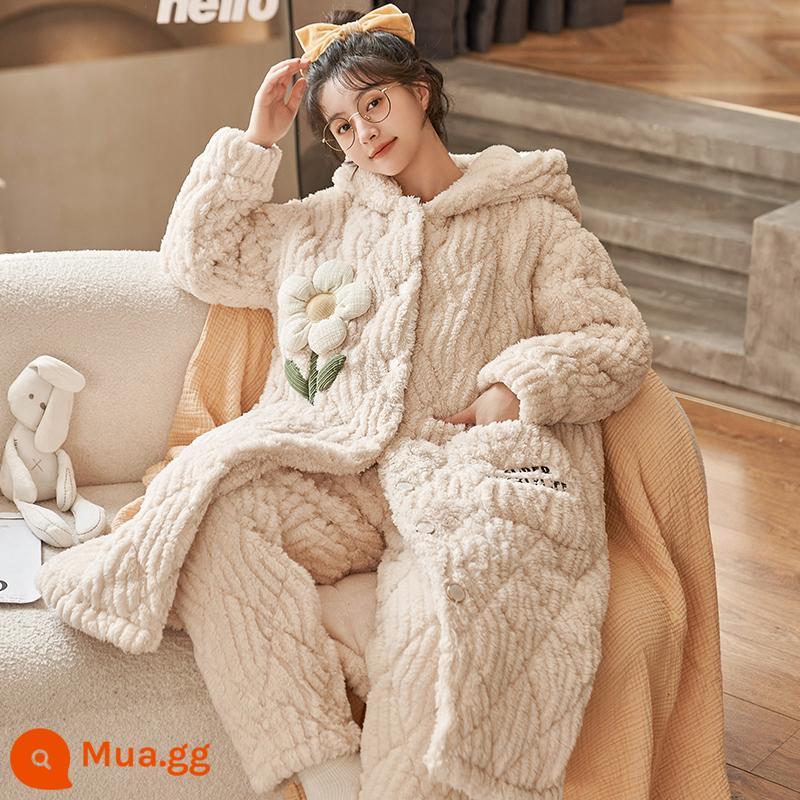 Coral Velvet Ngủ Áo Áo Autumn and Winter 2022 MỚI cộng với bộ đồ ngủ dày nhung nhung - 52202[Có quần chần bông]