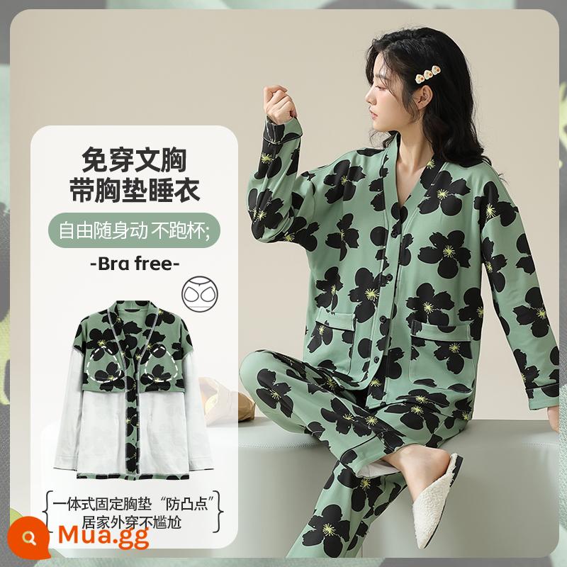 Bộ đồ ngủ cho nữ phong cách mùa hè cotton dài tay có miếng đệm ngực có thể mặc bên ngoài quần áo ở nhà bộ đồ cỡ lớn thông thường dành cho nữ mùa xuân thu - 89876