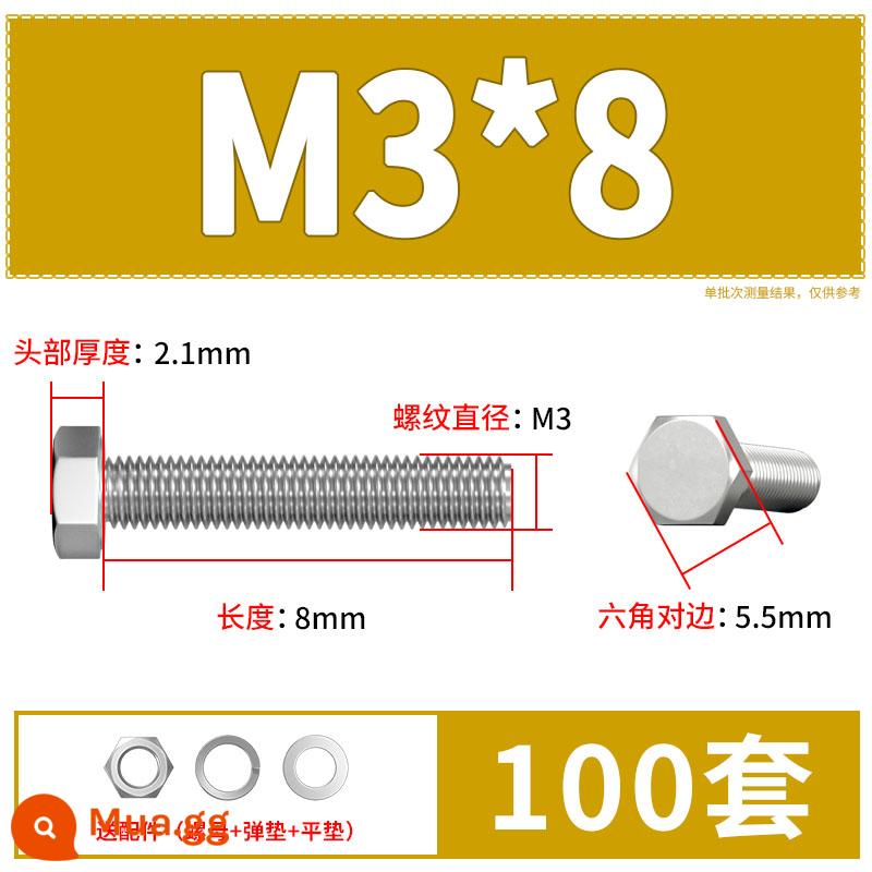 Thép Không Gỉ 304 Bên Ngoài Vít Lục Giác Bu Lông Bộ Daquan Phụ Kiện Ốc Vít Dài M4M5M6M8M10M12 - M3*8(100 bộ