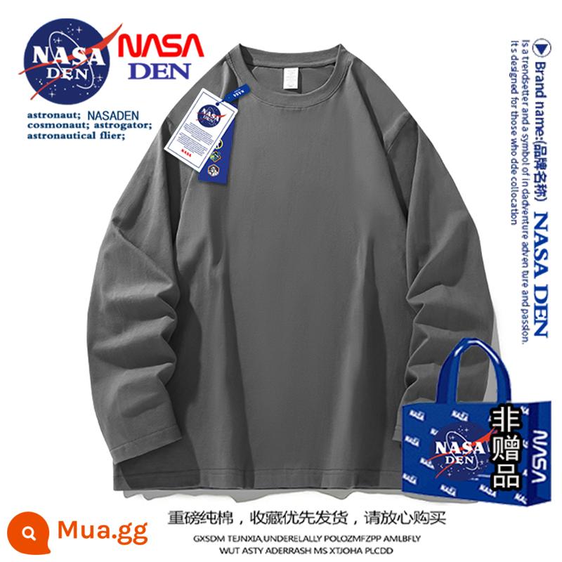 Áo thun nam dài tay hạng nặng của NASA mùa thu cotton nguyên chất cổ tròn dày cotton T rộng màu trơn đa năng áo sơ mi đáy quần dành cho nam - Màu xám đen