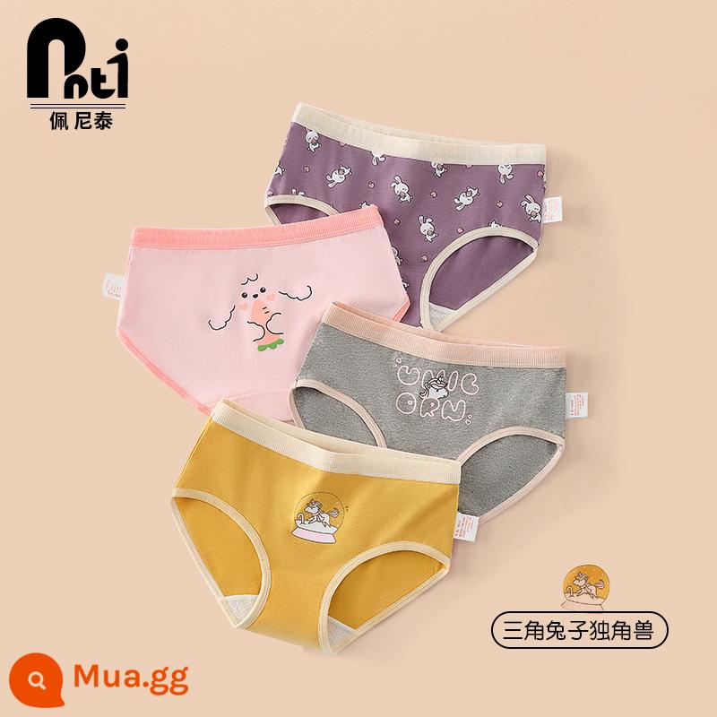 Quần lót trẻ em Penithai cotton nữ quần lót bé gái boxer tam giác quần đùi bé gái bé lớn không kẹp pp - Thỏ Kỳ Lân 2023-1 (Bộ 4 Tam Giác)