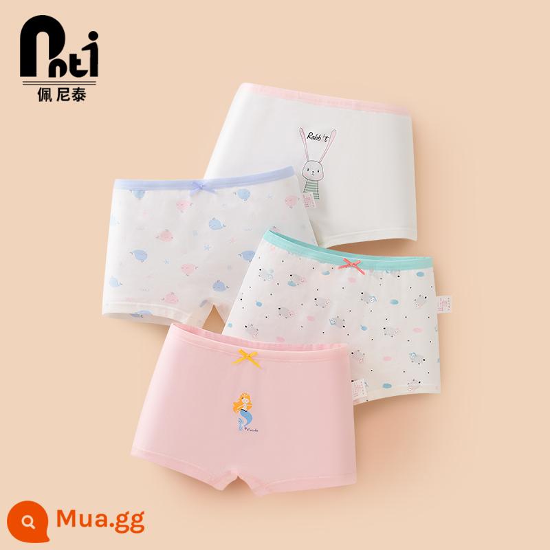 Quần lót trẻ em Penithai cotton nữ quần lót bé gái boxer tam giác quần đùi bé gái bé lớn không kẹp pp - Thỏ Nàng Tiên Cá GD203205 (bộ hộp vuông 4 cái)