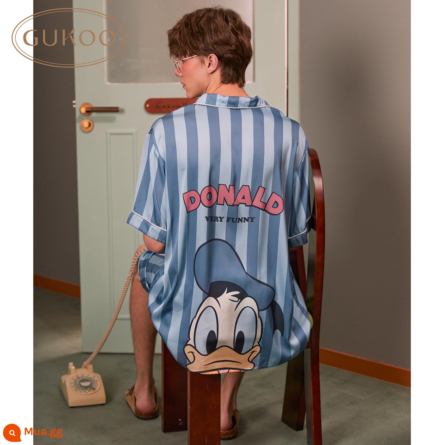 Gukoo/Nutshell Bộ Đồ Ngủ Cặp Đôi Disney Mùa Hè Băng Lụa Nữ Homewear Cổ Áo Sơ Mi Bộ Đồ Ngủ Nam B - Mẫu nam màu xanh đậm