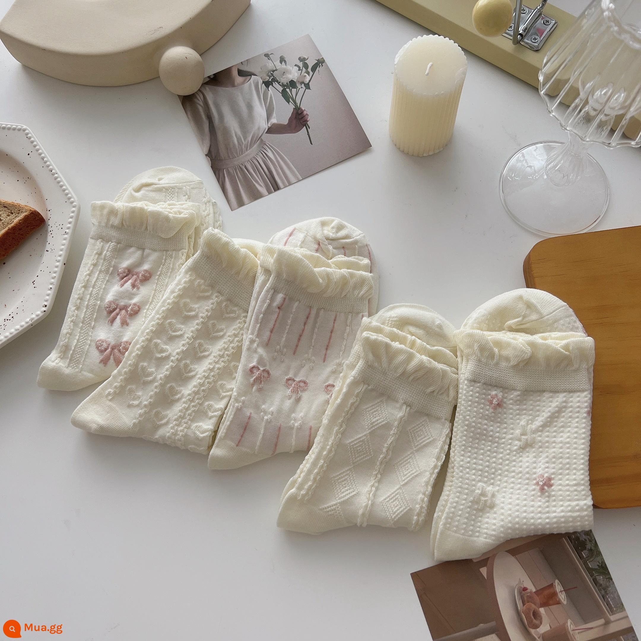 Tất ren trắng đến giữa bắp chân nữ vớ cotton nguyên chất xu hướng xuân thu phong cách Nhật Bản dễ thương jk mặc ngoài vớ sinh viên mùa hè - Nhóm B