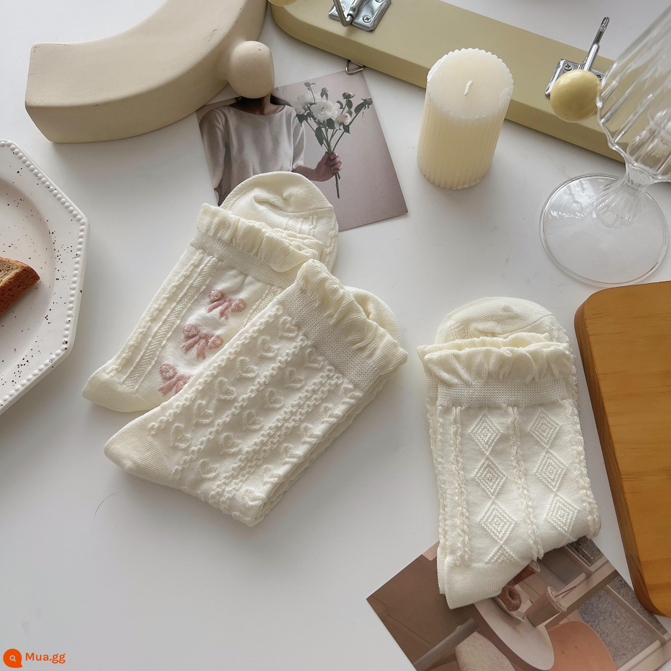 Tất ren trắng đến giữa bắp chân nữ vớ cotton nguyên chất xu hướng xuân thu phong cách Nhật Bản dễ thương jk mặc ngoài vớ sinh viên mùa hè - Nhóm H