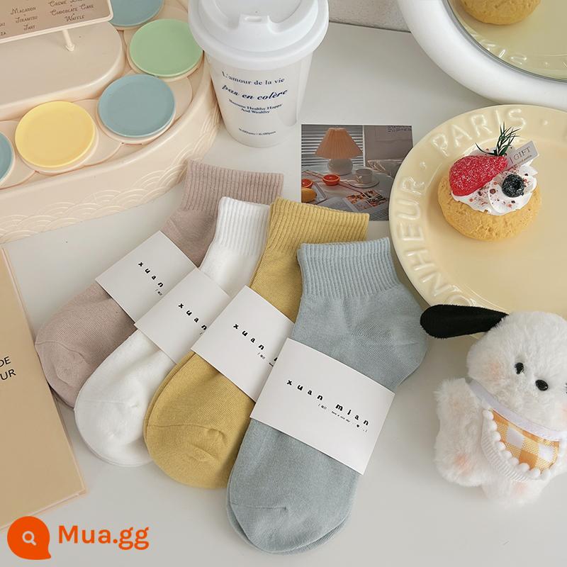 Vớ ống ngắn màu trơn mùa hè dành cho nữ cotton nguyên chất phần mỏng Sinh viên Nhật Bản thể thao màu vớ ngắn thể thao mùa xuân và mùa thu vớ ống giữa - Kem-trắng-vàng-xanh xám