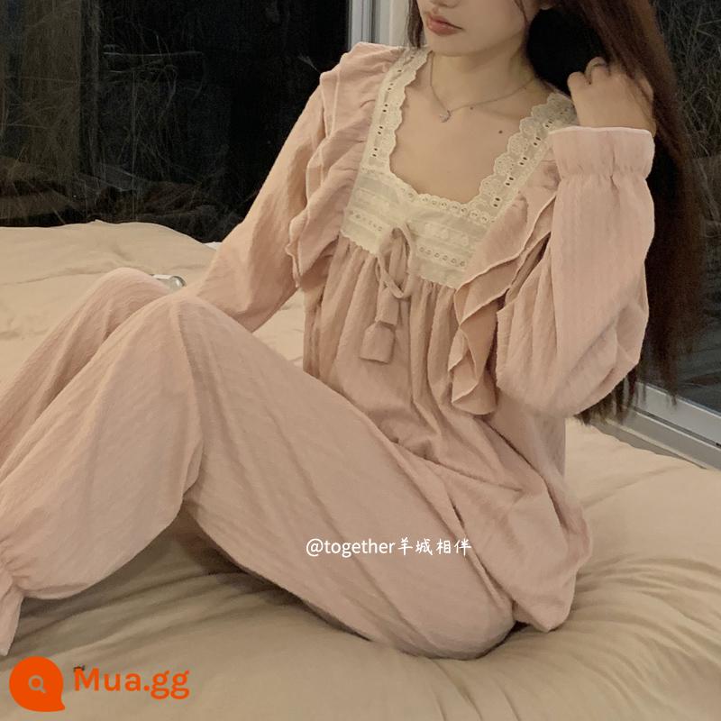 Bộ đồ ngủ mùa xuân và mùa thu của phụ nữ cotton nguyên chất của Nhật Bản ins nhỏ hương thơm mới 2022 phong cách mùa thu quần dài tay phù hợp với dịch vụ tại nhà - Bộ màu hồng nữ tính