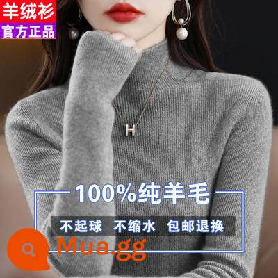 Ordos 100 nguyên chất len áo len nữ mùa thu đông mới nửa áo len cao cổ rời cashmere đồng màu đáy dày - màu xám trung bình