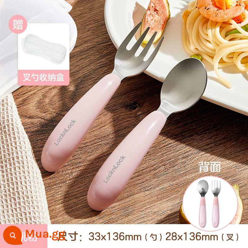 Lexiele Duck Storne Spoon Baby Spoon Baby Learning Muching Spoon Thép không gỉ Fork Fork Spoon Children Table - [Bột đào nhạt] Nĩa + thìa (có hộp đựng)