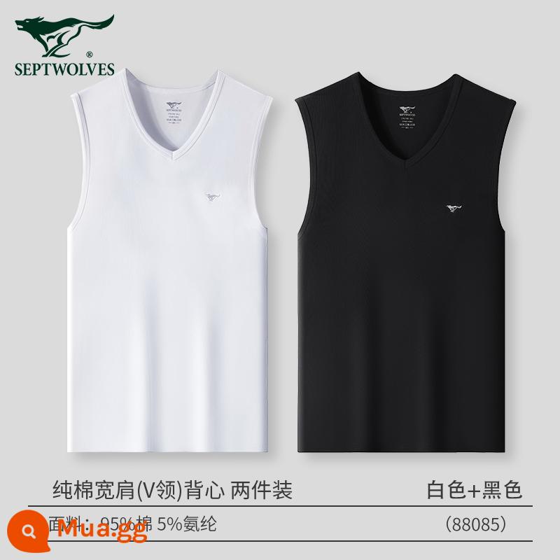 Septwolves Áo Vest Nam Cotton Nguyên Chất Bên Trong Mặc Mùa Hè 100% Cotton Ông Già Áo Sơ Mi Vượt Rào Thể Thao Đáy Quần Lót nam - (Cổ chữ V vai rộng siêu co giãn 2 chiếc) Đen + Trắng