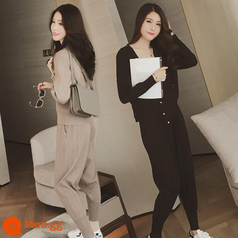 Bộ đồ mùa thu nữ 2022 thời trang mới phong cách phương Tây thường cotton dày ba mảnh phù hợp với quần thể thao tay dài cho học sinh cấp hai - bộ đồ ba mảnh màu đen