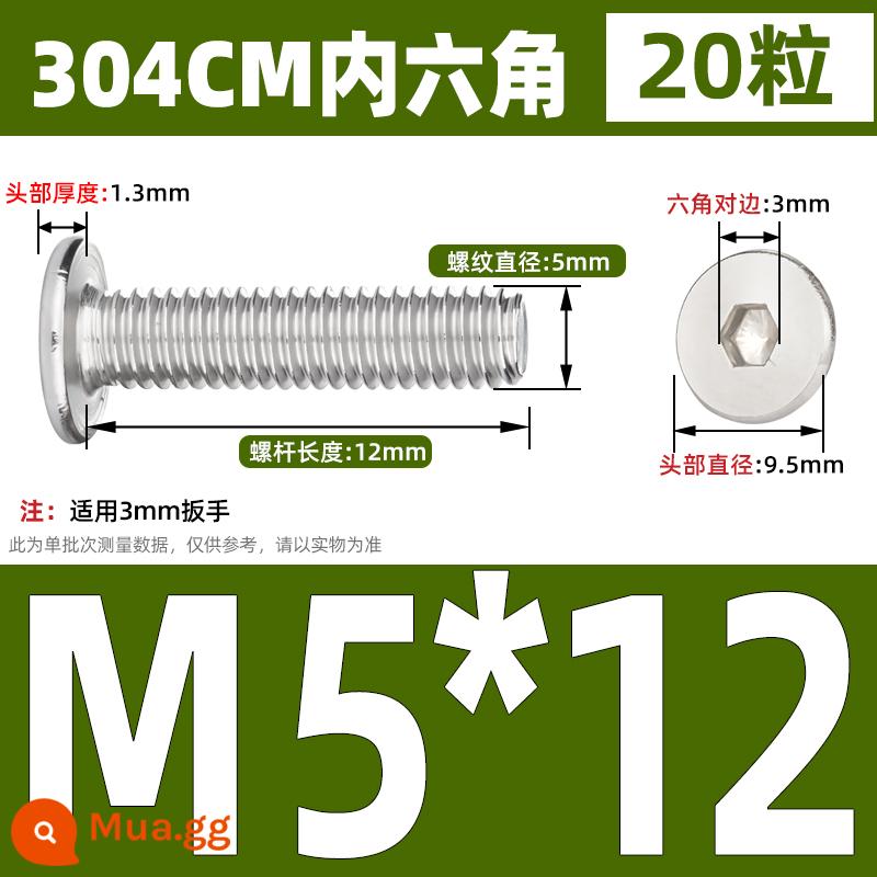 Thép không gỉ 304 CM đầu phẳng lớn đầu siêu mỏng đầu phẳng bên trong bu lông vít lục giác M2M3M4M5M6M8 - M5*12 (20 cái)