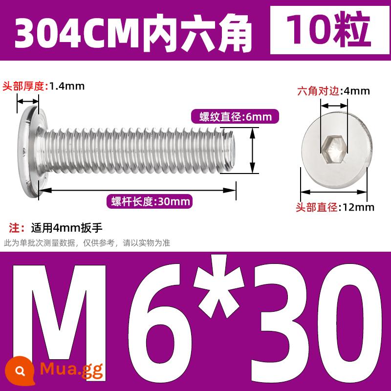 Thép không gỉ 304 CM đầu phẳng lớn đầu siêu mỏng đầu phẳng bên trong bu lông vít lục giác M2M3M4M5M6M8 - M6*30 (10 cái)