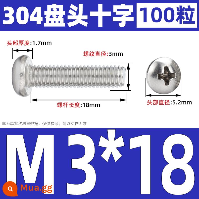 Vít đầu tròn inox 304, Vít chữ thập đầu Pan, Bu lông máy đầu tròn, Vít nhỏ M2M3M4M5M6 - M3*18 (100 miếng)