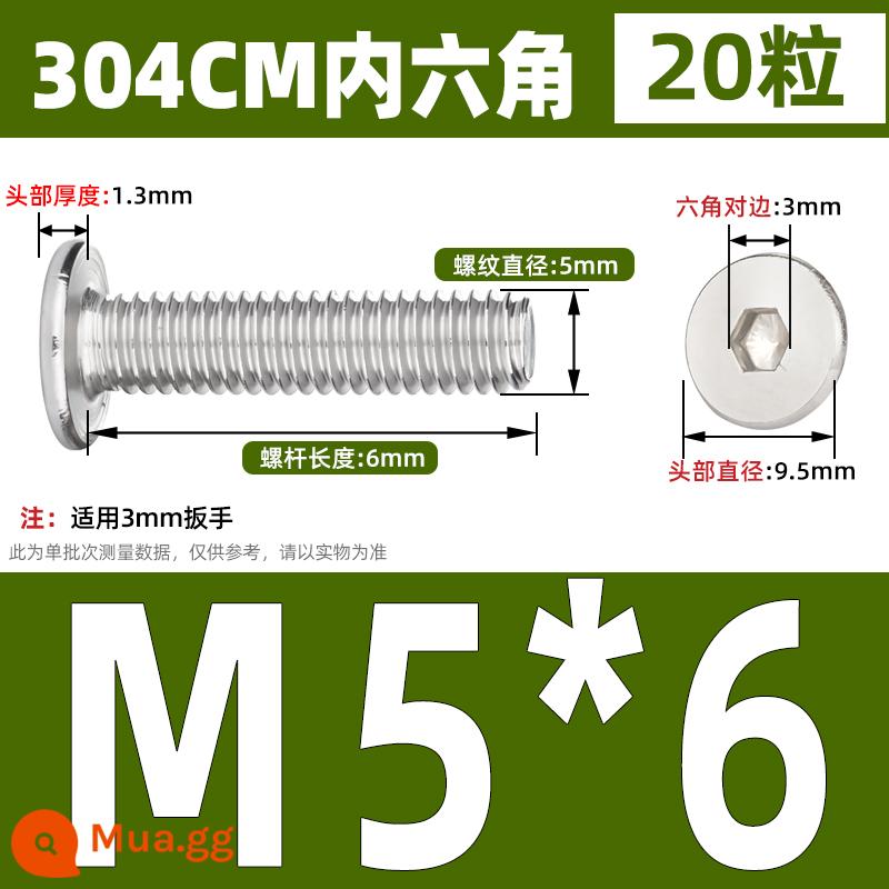 Thép không gỉ 304 CM đầu phẳng lớn đầu siêu mỏng đầu phẳng bên trong bu lông vít lục giác M2M3M4M5M6M8 - M5* 6 (20 cái)