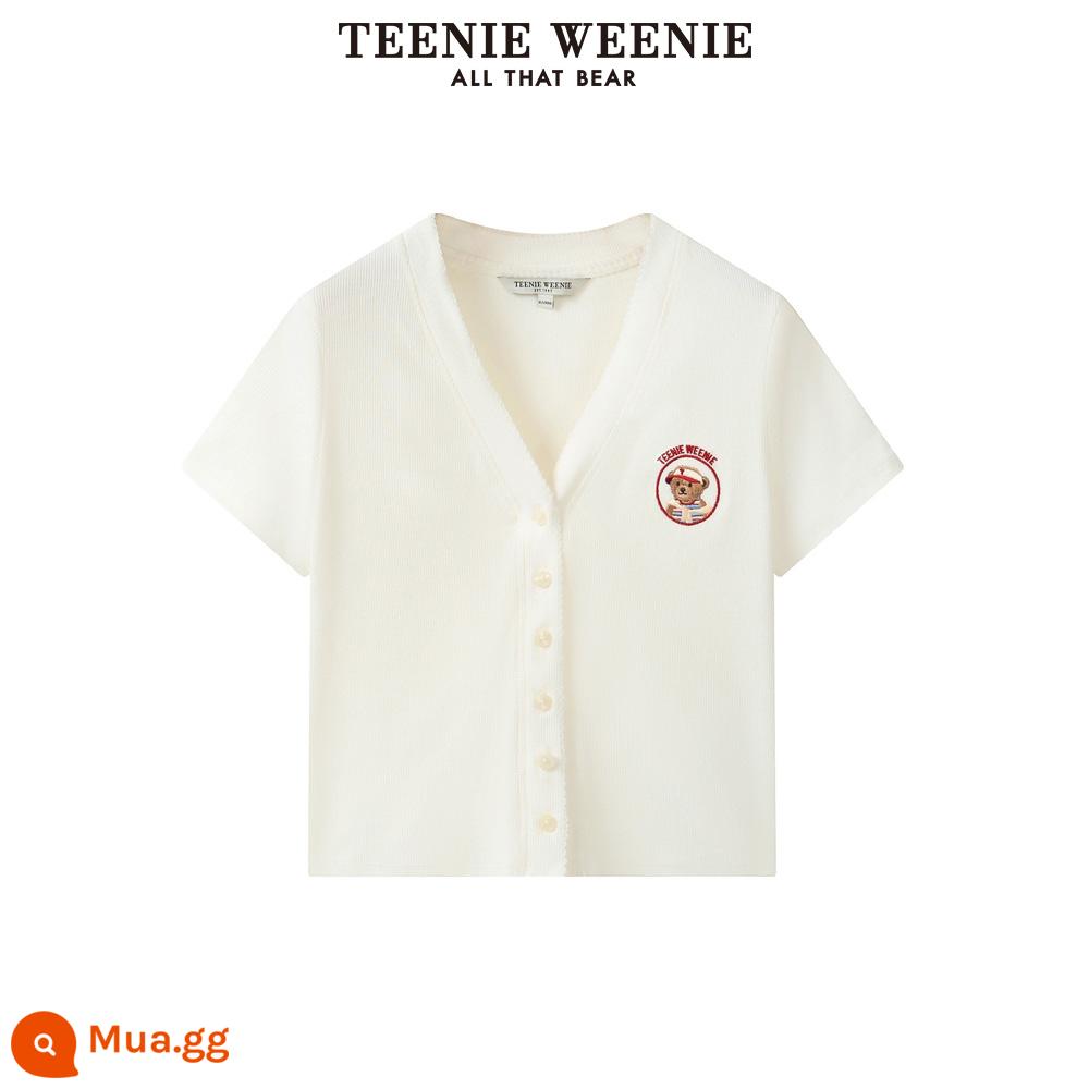 TeenieWeenie Bear 2023 mùa hè mới bó sát lớn cổ tròn ngắn tay cardigan nữ layering - B-Ngà