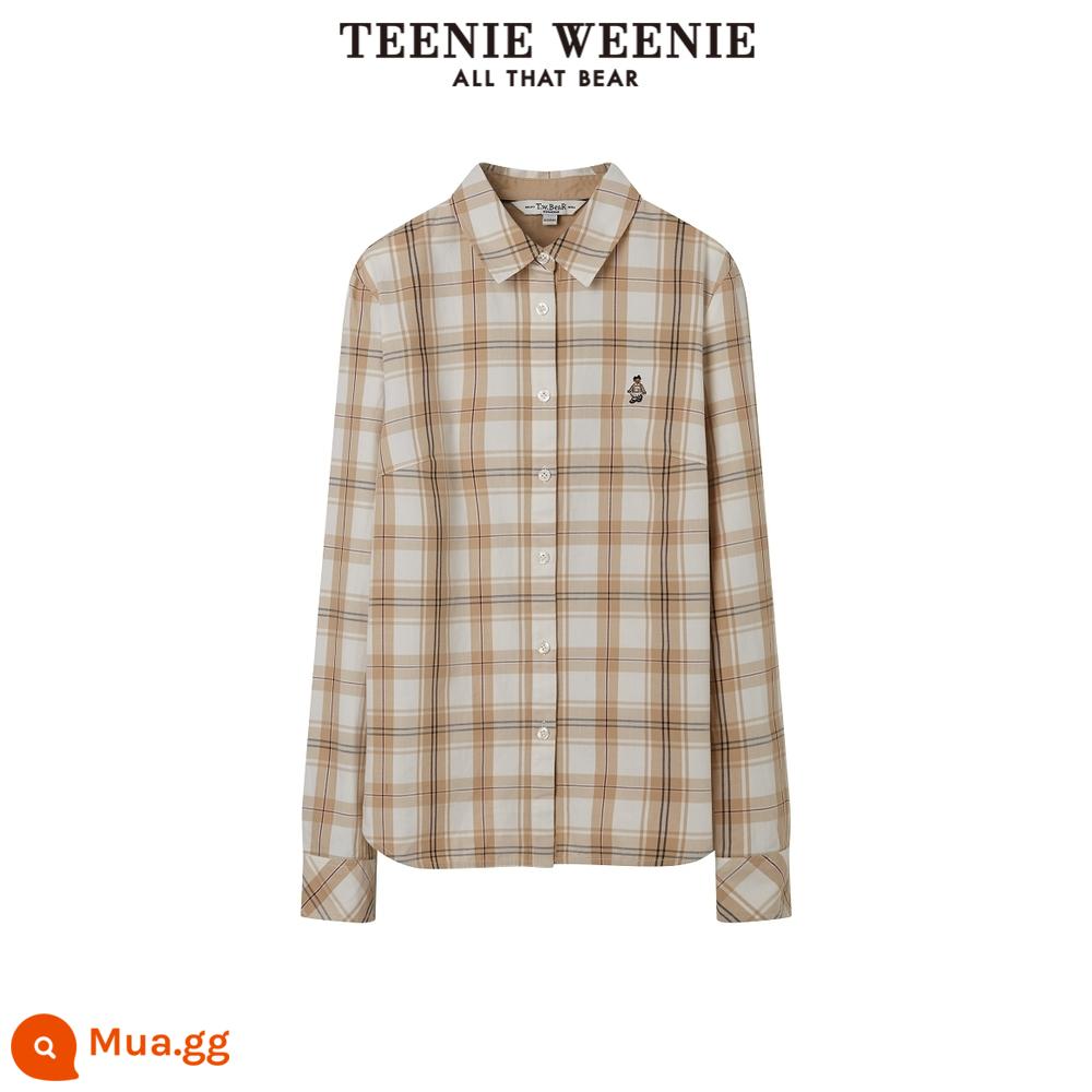 TeenieWeenie Bear 2022 mùa thu đông mới đại học phong cách retro áo sơ mi kẻ sọc top nữ Tân Cương cotton - Khaki