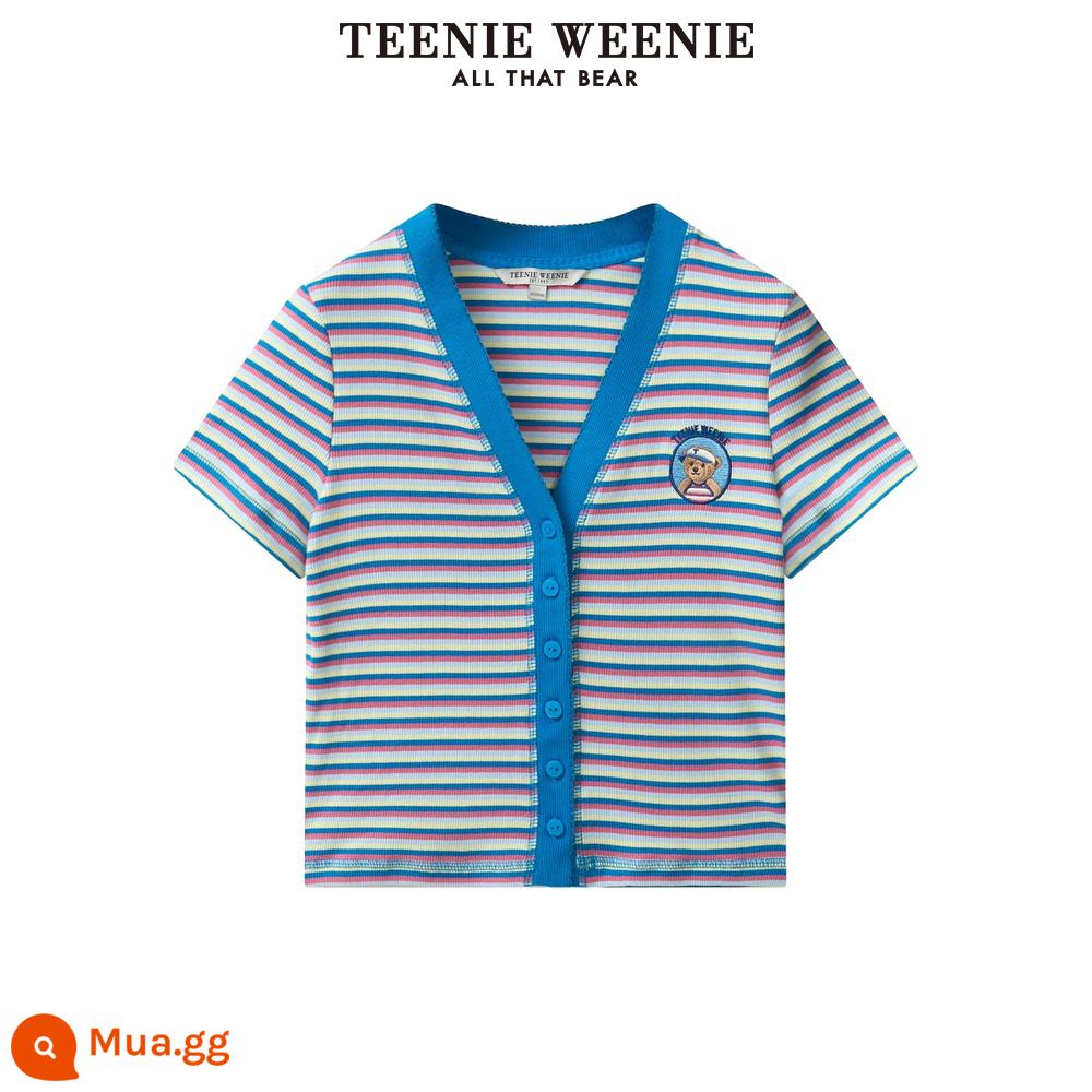 TeenieWeenie Bear 2023 mùa hè mới bó sát lớn cổ tròn ngắn tay cardigan nữ layering - B-màu xanh