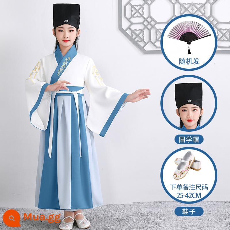 Hanfu trẻ em Sách phong cách Trung Quốc dành cho nam sinh Trường Quốc gia Quần áo trẻ em Trường tiểu học Trang phục cổ dài tay Trang phục nữ Sáu một - Mẫu nữ tay rộng khâu hồ xanh + mũ + quạt + giày thêu trắng