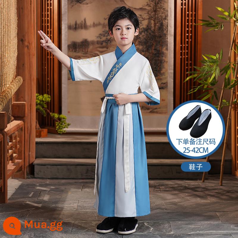 Hanfu trẻ em Sách phong cách Trung Quốc dành cho nam sinh Trường Quốc gia Quần áo trẻ em Trường tiểu học Trang phục cổ dài tay Trang phục nữ Sáu một - Giày nam ngắn tay khâu hồ xanh + giày vải đen