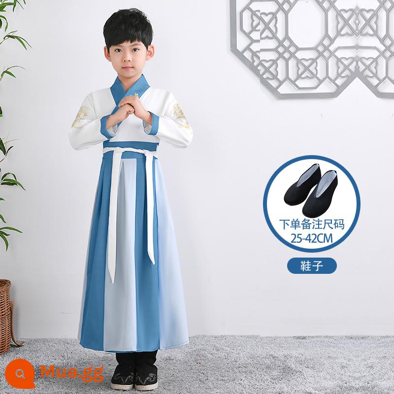 Hanfu trẻ em Sách phong cách Trung Quốc dành cho nam sinh Trường Quốc gia Quần áo trẻ em Trường tiểu học Trang phục cổ dài tay Trang phục nữ Sáu một - Giày nam tay thẳng khâu hồ xanh + giày vải đen