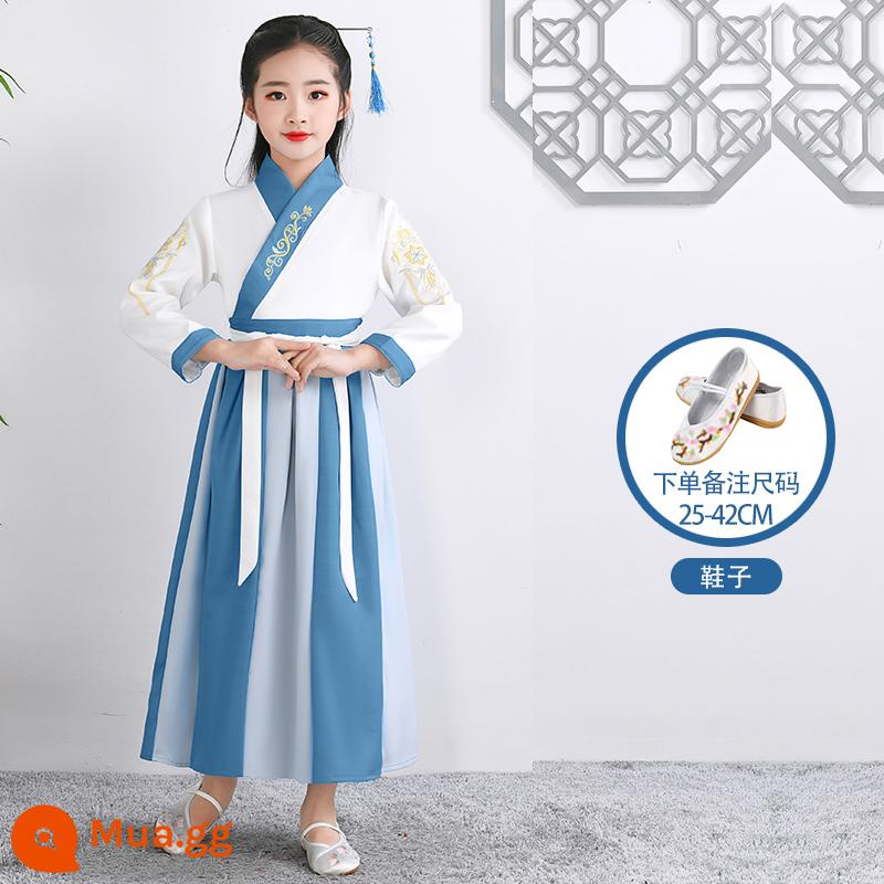 Hanfu trẻ em Sách phong cách Trung Quốc dành cho nam sinh Trường Quốc gia Quần áo trẻ em Trường tiểu học Trang phục cổ dài tay Trang phục nữ Sáu một - Đầm xanh hồ khâu tay thẳng phong cách nữ + giày thêu trắng