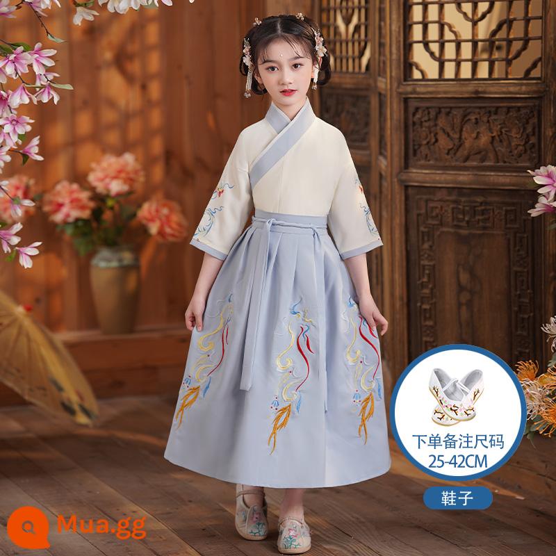 Hanfu trẻ em Sách phong cách Trung Quốc dành cho nam sinh Trường Quốc gia Quần áo trẻ em Trường tiểu học Trang phục cổ dài tay Trang phục nữ Sáu một - Áo cát tường trắng xanh nhạt tay ngắn kiểu nữ + giày thêu trắng (vui lòng lưu ý size)