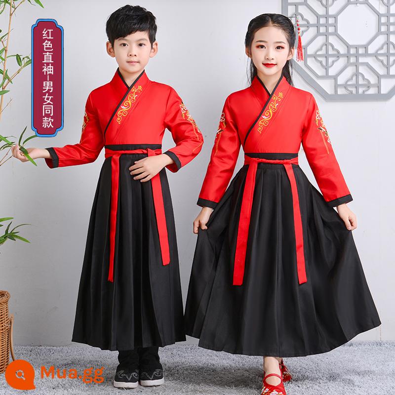 Hanfu trẻ em Sách phong cách Trung Quốc dành cho nam sinh Trường Quốc gia Quần áo trẻ em Trường tiểu học Trang phục cổ dài tay Trang phục nữ Sáu một - Tay áo thẳng kiểu Ruyi lớn màu đỏ