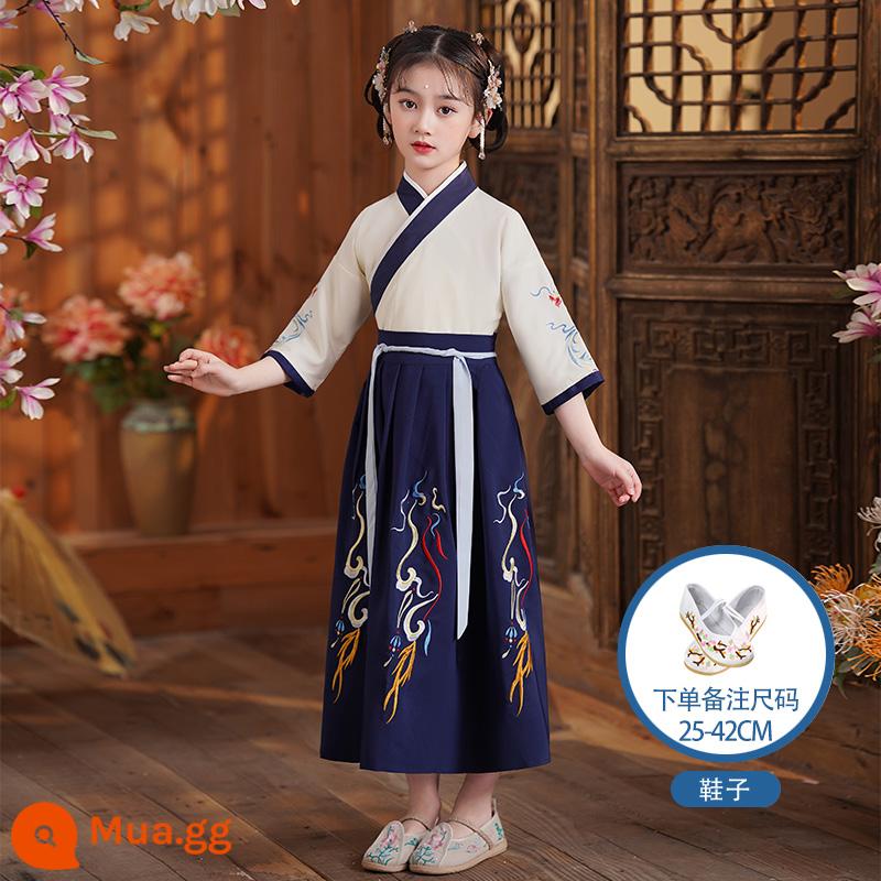 Hanfu trẻ em Sách phong cách Trung Quốc dành cho nam sinh Trường Quốc gia Quần áo trẻ em Trường tiểu học Trang phục cổ dài tay Trang phục nữ Sáu một - Giày nữ tay ngắn màu xanh đậm màu be tốt lành + giày thêu màu trắng (vui lòng lưu ý kích thước)