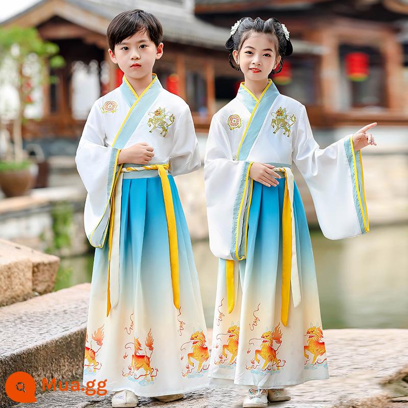 Hanfu trẻ em Sách phong cách Trung Quốc dành cho nam sinh Trường Quốc gia Quần áo trẻ em Trường tiểu học Trang phục cổ dài tay Trang phục nữ Sáu một - Tay áo rộng hình kỳ lân dành cho nam và nữ