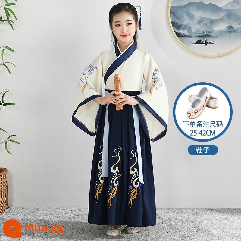 Hanfu trẻ em Sách phong cách Trung Quốc dành cho nam sinh Trường Quốc gia Quần áo trẻ em Trường tiểu học Trang phục cổ dài tay Trang phục nữ Sáu một - Giày nữ màu be xanh đậm tốt lành + Giày thêu trắng