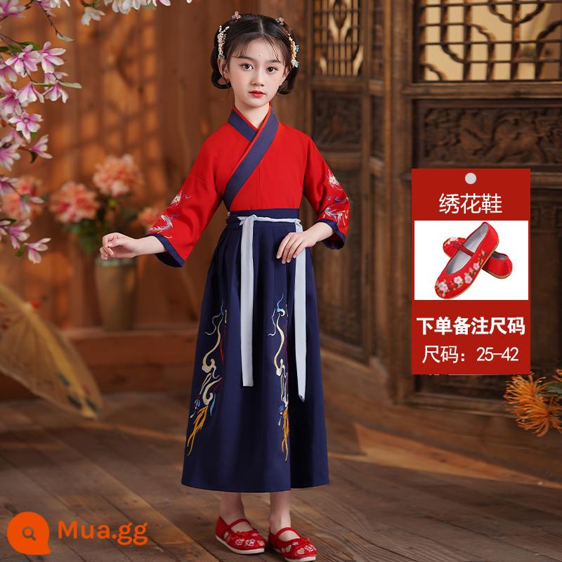 Hanfu trẻ em Sách phong cách Trung Quốc dành cho nam sinh Trường Quốc gia Quần áo trẻ em Trường tiểu học Trang phục cổ dài tay Trang phục nữ Sáu một - Giày nữ ngắn tay màu xanh đậm màu đỏ tốt lành + giày thêu màu đỏ (vui lòng lưu ý kích thước)