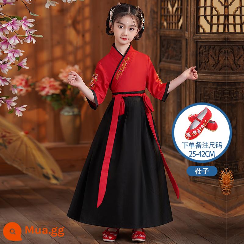 Hanfu trẻ em Sách phong cách Trung Quốc dành cho nam sinh Trường Quốc gia Quần áo trẻ em Trường tiểu học Trang phục cổ dài tay Trang phục nữ Sáu một - Phong cách nữ ngắn tay Ruyi lớn màu đỏ + giày thêu màu đỏ