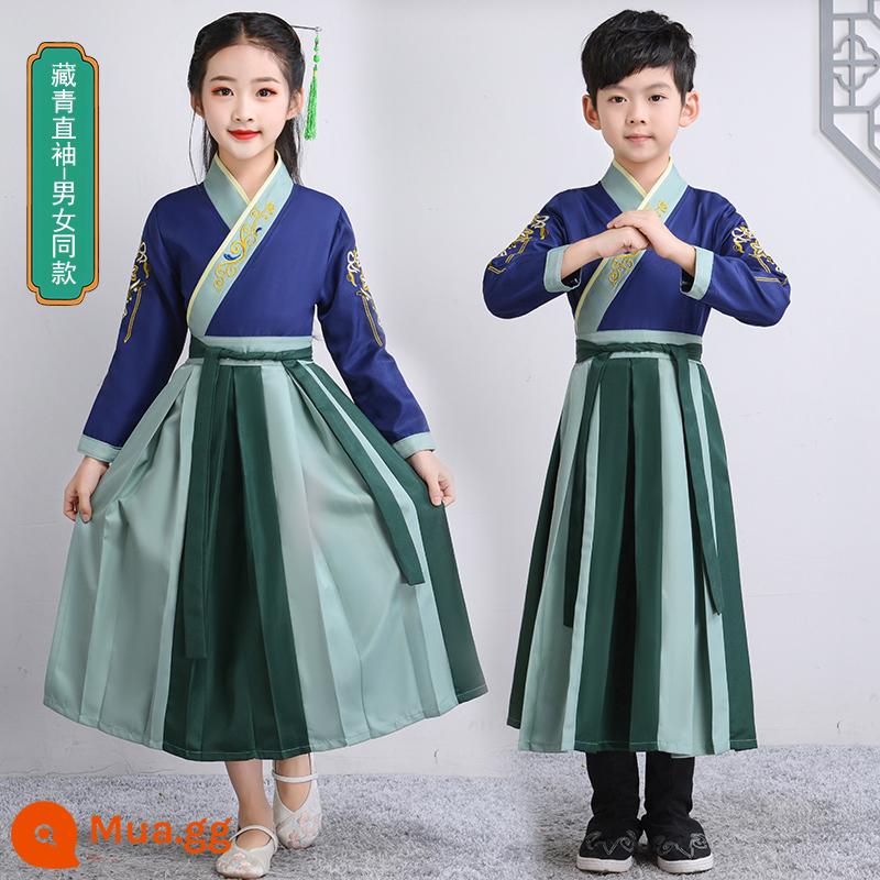 Hanfu trẻ em Sách phong cách Trung Quốc dành cho nam sinh Trường Quốc gia Quần áo trẻ em Trường tiểu học Trang phục cổ dài tay Trang phục nữ Sáu một - Tay áo thẳng màu xanh hải quân - kiểu dáng giống nhau cho nam và nữ