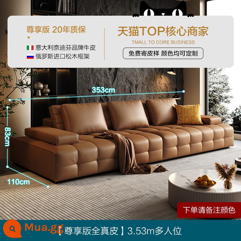 Deep Lawrence Ghế sofa hoàn toàn bằng da tối giản của Ý phòng khách biệt thự hiện đại sang trọng nhẹ nhàng hình vuông lớn bằng da bò lớp một - Da bò lớp 1 dày 360 độ 1,8mm [Phiên bản độc quyền toàn bộ da thật màu nâu] Ghế nhiều chỗ 3,53m