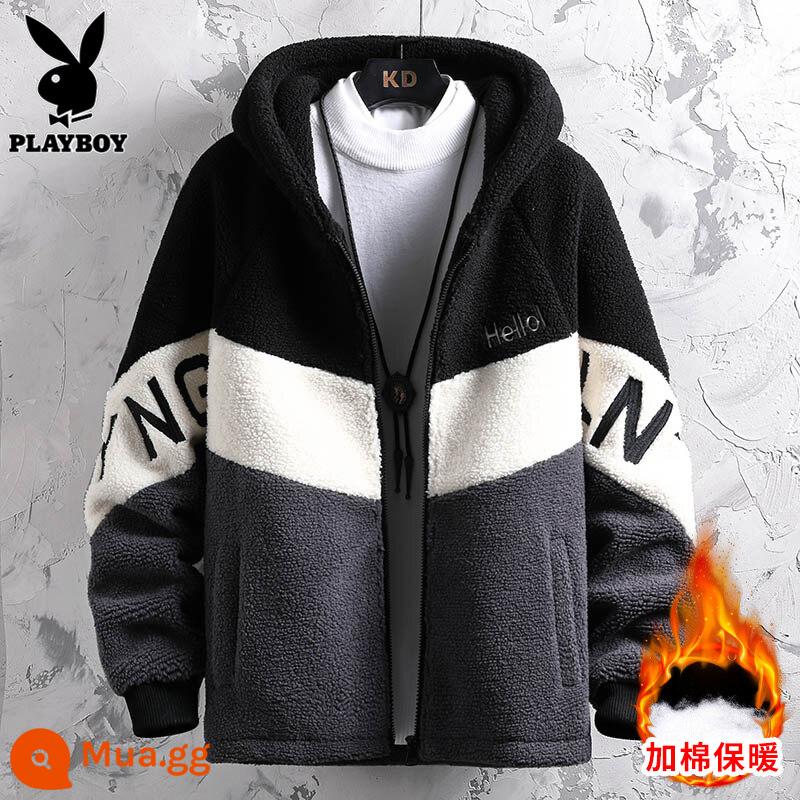 Playboy thịt cừu nhung bông áo khoác nam xu hướng mùa đông lỏng lẻo cộng với nhung dày có mũ trùm đầu màu bông áo khoác nam - A06 đen [bông thêm]