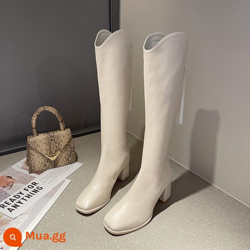 Boots nhỏ màu be Martin Boots Phụ nữ Mùa thu và mùa đông Boots 2022 Giày cao gót dày mới, nhưng đôi giày cao đến đầu gối - Nhung mỏng trắng nhạt