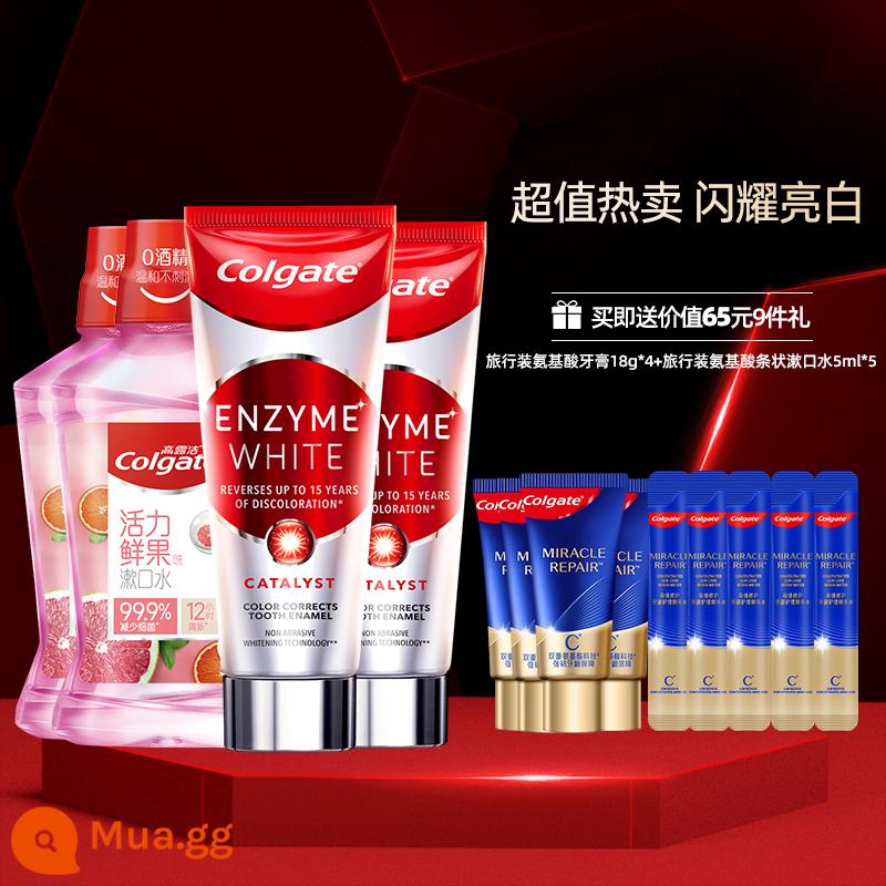 Kem đánh răng Colgate hoạt tính khan men nhập khẩu, kem đánh răng làm trắng răng trắng sáng, hơi thở thơm tho, bộ florua - Kem đánh răng enzyme nhập khẩu*2+nước súc miệng trái cây tươi 500ml*2