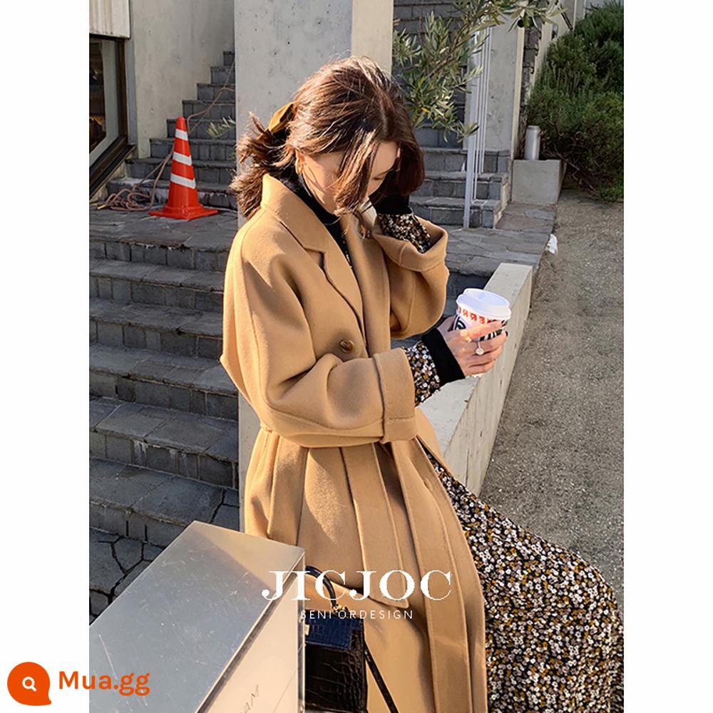 Áo khoác len cashmere hai mặt phiên bản dài trung bình cho nữ 2022 áo khoác len đen cao cấp 100 tính khí mới - Classic Camel 100 phiên bản len Úc