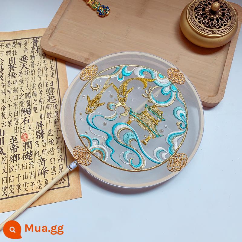 Phong cách cổ xưa tay cầm dài nhóm quạt múa quạt múa chụp đạo cụ Hanfu cung điện quạt cầm tay gãy mây quạt thành phẩm quạt thủ công - Tranh thêu Long Cung [khung tròn]