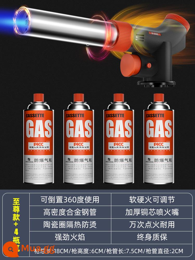 Súng Spitfire hộ gia đình băng cassette bình gas súng phun gas đánh lửa nướng heo bị cháy tóc đèn xịt di động đầu súng phun - Mẫu bảo hiểm kép tối cao + 4 bình gas nhập khẩu - Đảo ngược 360°/lửa mềm và cứng/nâng cấp an toàn