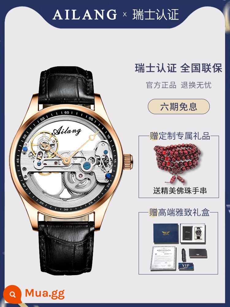 Đồng Hồ Chính Hãng Thụy Sĩ Tourbillon Rỗng Nam Siêu Mỏng 2023 Đồng Hồ Cơ Tự Động Mới Đồng Hồ Nam Công Nghệ Đen - Thắt lưng hình tròn màu đen vỏ hoa hồng (chuyển động rỗng hai mặt, dây đeo bằng da tùy chỉnh miễn phí)