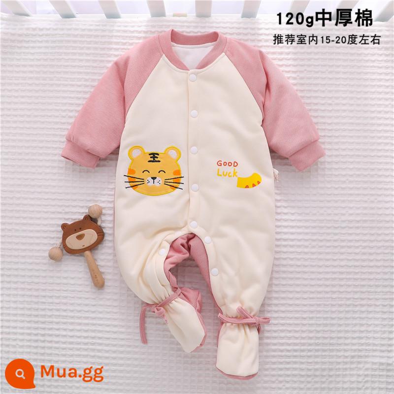 Mùa Đông Cho Bé Jumpsuit Kẹp Cotton Áo Thu Đông Thu Đông Có Đệm Chân Quần Áo Sơ Sinh Mùa Đông Đệm Bông Dày Dặn - [Quấn chân và bảo vệ bụng] H824 hồng