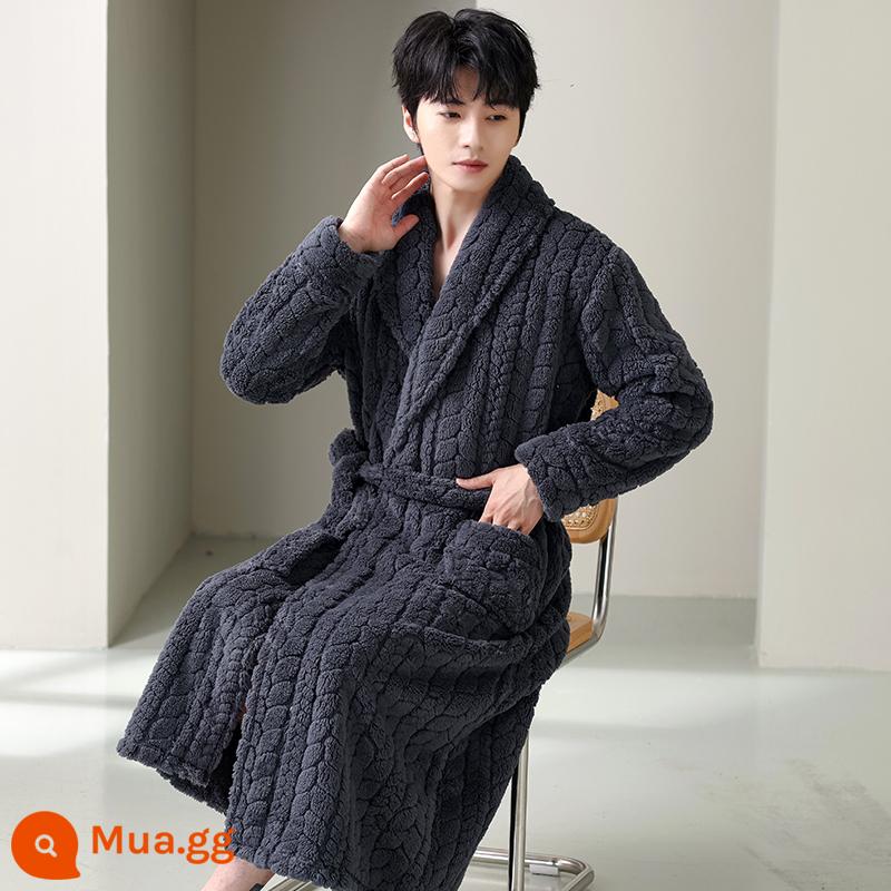 Váy ngủ pyjama mùa đông nữ áo choàng tắm flannel dày mùa xuân và mùa thu cộng với nhung kéo dài cặp đôi nam áo choàng tắm lông cừu san hô - LY-7707 xám đen