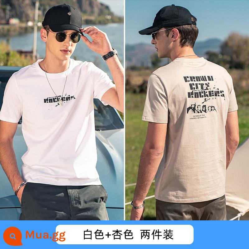 Yingjunlun cotton nam ngắn tay T-shirt thủy triều xu hướng thương hiệu nửa tay chạm đáy áo sơ mi chữ T-shirt quần áo mùa hè cao cấp - Trắng + mơ (2 cái)