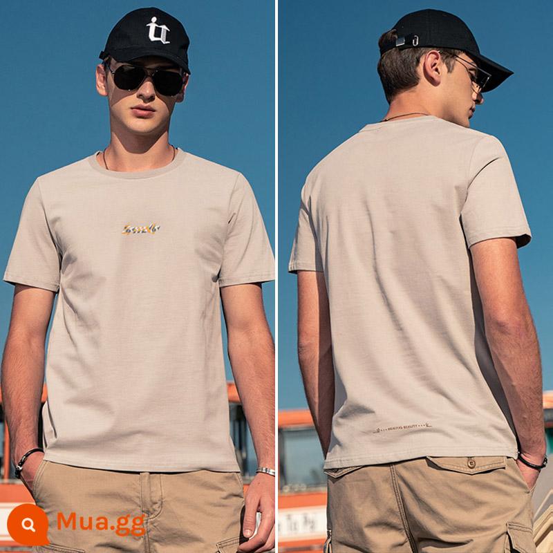 Yingjunlun cotton nam ngắn tay T-shirt thủy triều xu hướng thương hiệu nửa tay chạm đáy áo sơ mi chữ T-shirt quần áo mùa hè cao cấp - T4693 màu xám nhạt