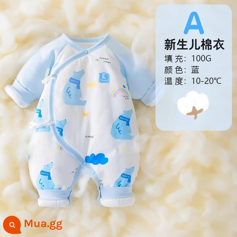 Tongtai sơ sinh quần áo cotton nguyên chất bé sơ sinh dày ấm Jumpsuit bé nhà sư quần áo mùa thu đông - A-Blue (áo cotton dày 100G)