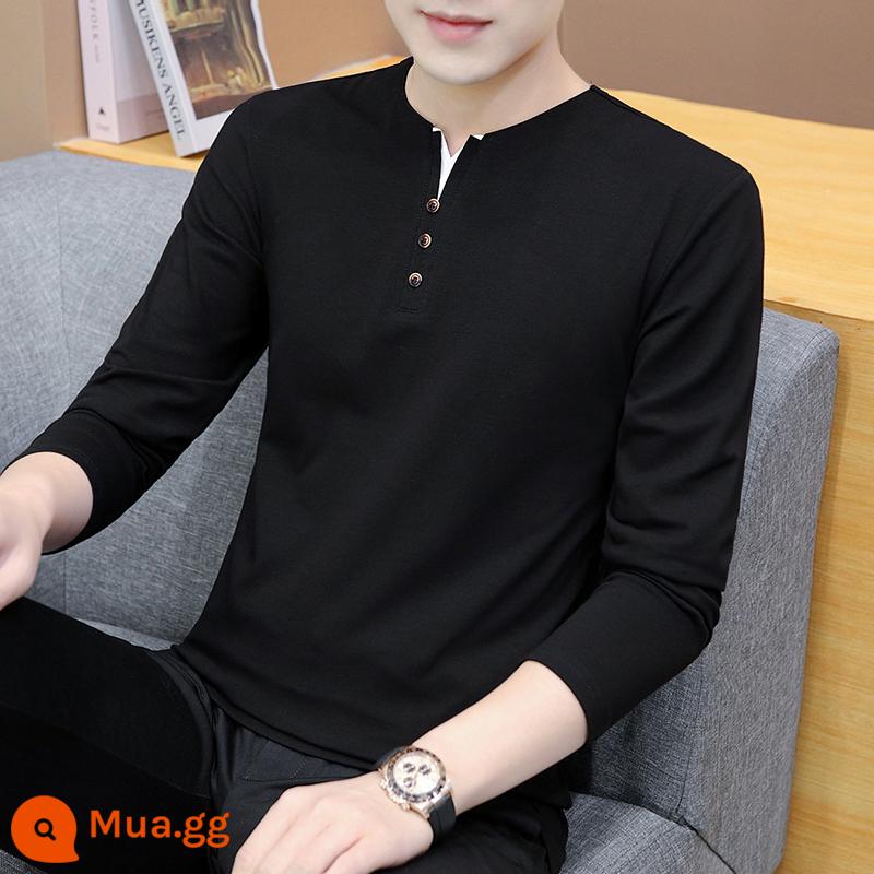 Nam Cực dài -Sleeved t -shirt Mùa xuân và mùa thu 2022 New V -neck Tide Brand Versatile bottom Shirt - 126 màu đen