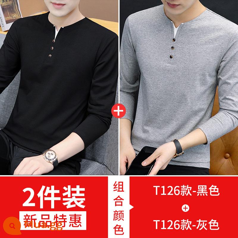 Nam Cực dài -Sleeved t -shirt Mùa xuân và mùa thu 2022 New V -neck Tide Brand Versatile bottom Shirt - 126 đen + 126 xám